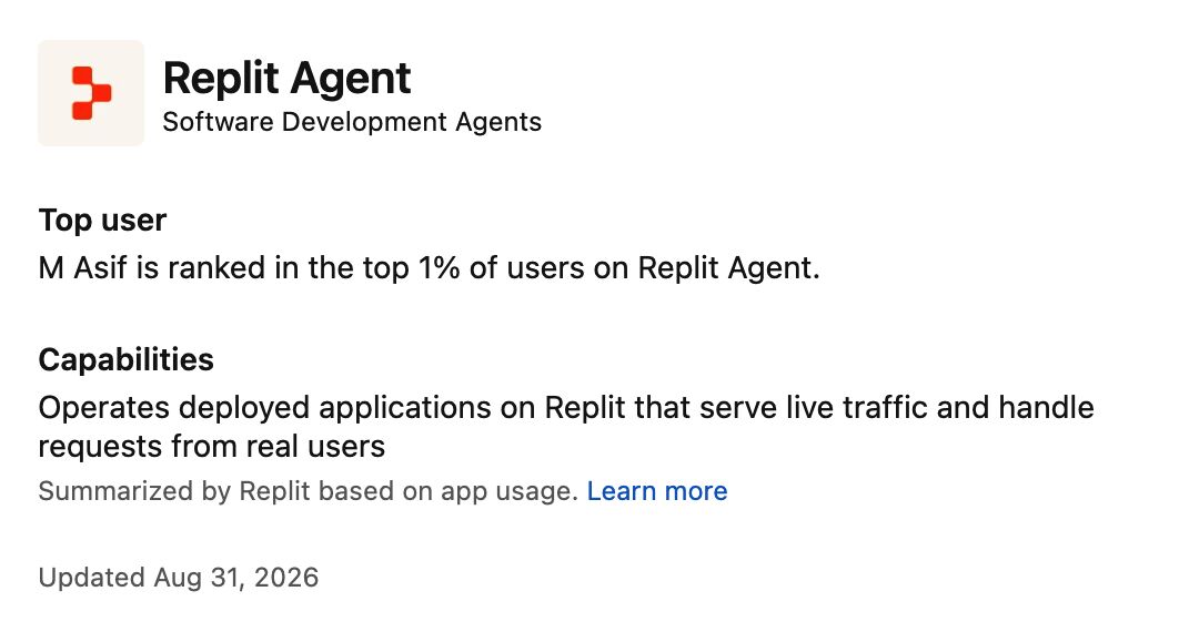 Replit Agent certification describing deployed applications serving real users; updated August 31, 2026