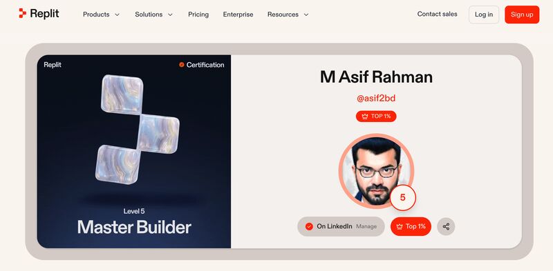 M Asif Rahman’s Replit Level 5 Master Builder profile and top 1% badge