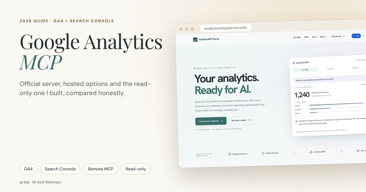 Cover reading Google Analytics MCP, 2026 guide, beside a screenshot of the Analytics MCP Server homepage
