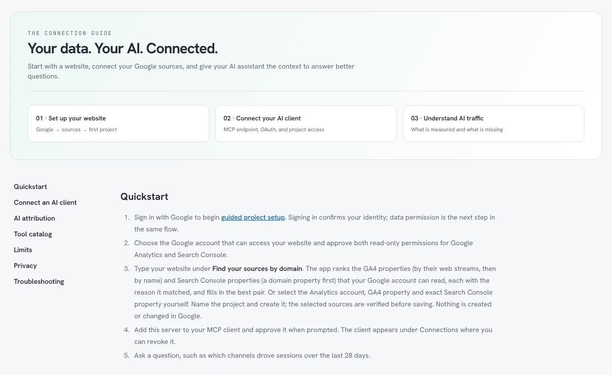 The Analytics MCP Server connection guide showing the quickstart steps